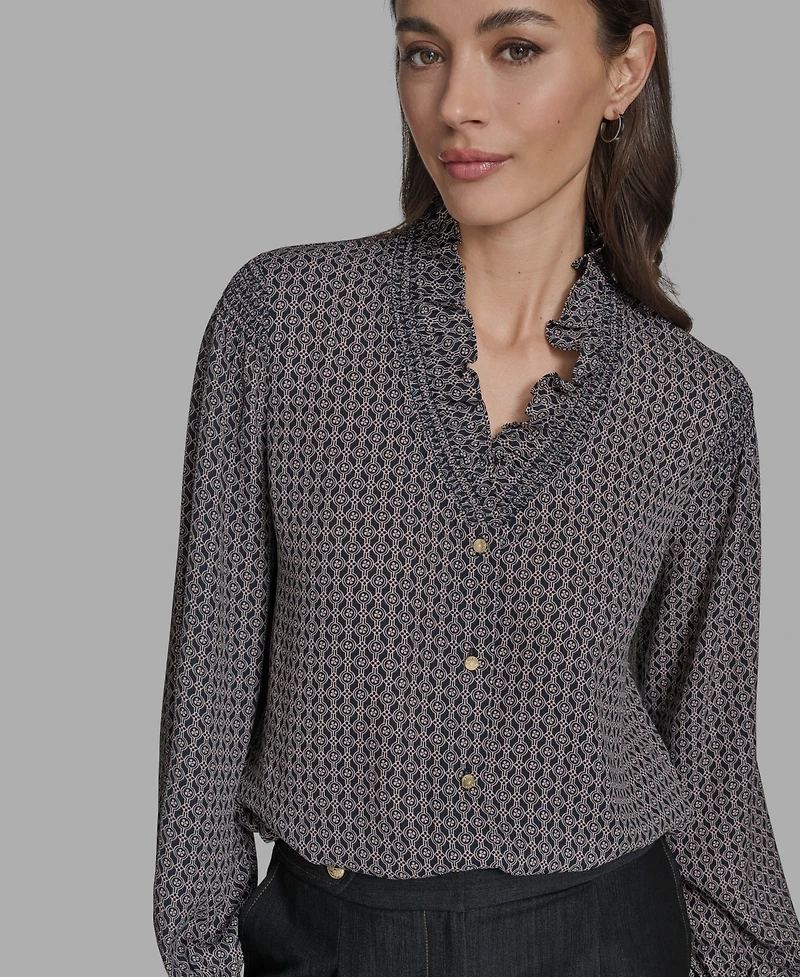 Bcbg Women's Printed Ruffled V-Neck Blouse