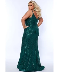 Sydney's Closet Women's Fitted V-neck Spaghetti Strap Plus Evening Gown