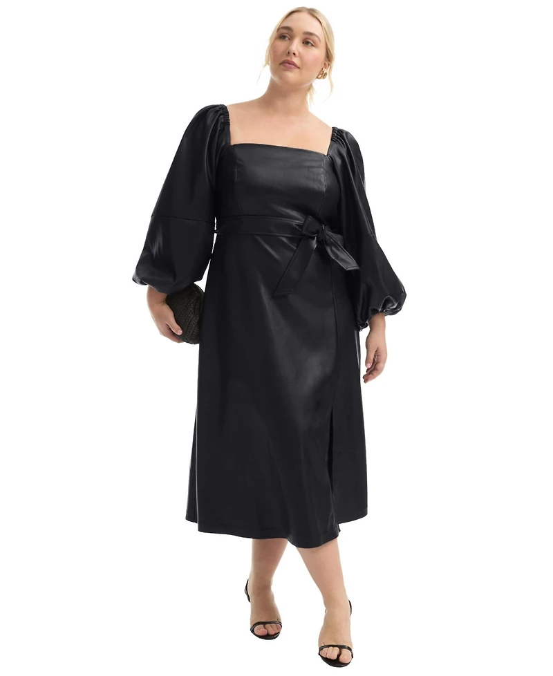 June + Vie Women's Puff Sleeve Faux Leather Midi Dress