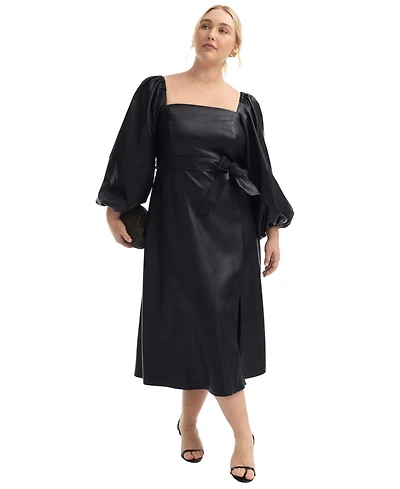 June + Vie Women's Puff Sleeve Faux Leather Midi Dress