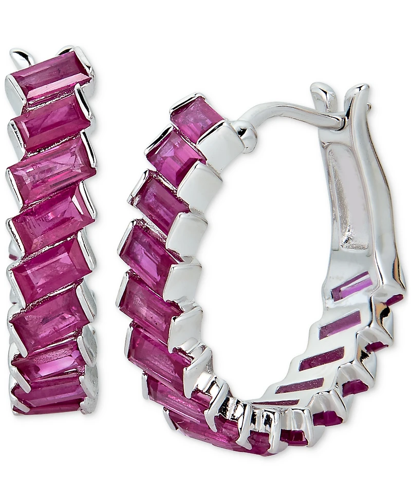 Ruby Baguette Small Hoop Earrings (3-7/8 ct. t.w.) in Sterling Silver, 0.47"