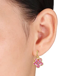 Lab Created Pink Sapphire Flower Charm Hoop Earrings (7-1/2 ct. t.w.) in 18k Gold-Flash Over Silver