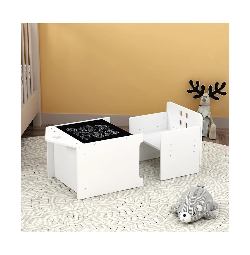 Cesicia Wooden Toddler Table and Chair Set Kids Activity Table Step Stools with Blackboard & 3 Heights Adjustable