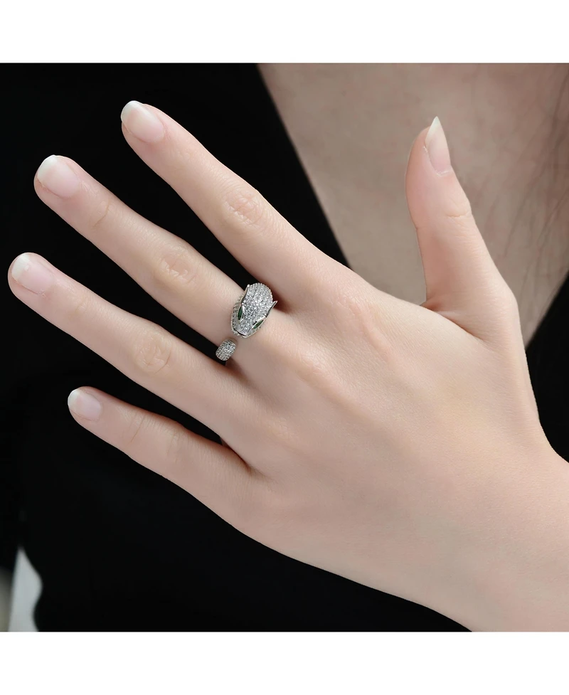 Rachel Glauber Panther Head with Green & Clear Cubic Zirconia Open Band Ring