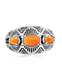 American West Jewelry Sterling Silver Orange Spiny Oyster 3-Stone Oval Band Ring, 10