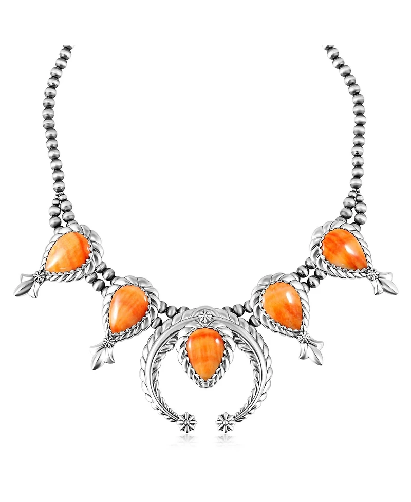 American West Jewelry Sterling Silver Orange Spiny Oyster Pear-Cut Squash Blossom Necklace, 17 to 20 Inches