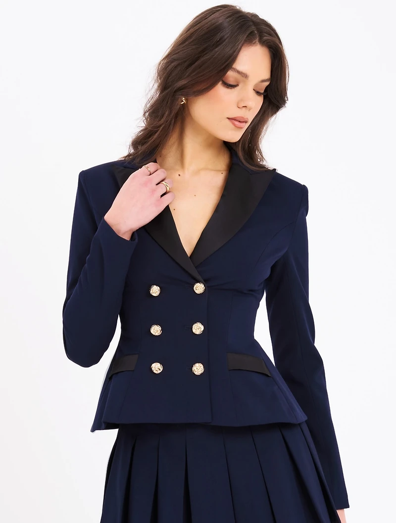 Miss Circle Women Nasia Navy Blue Double Breast Backless Blazer