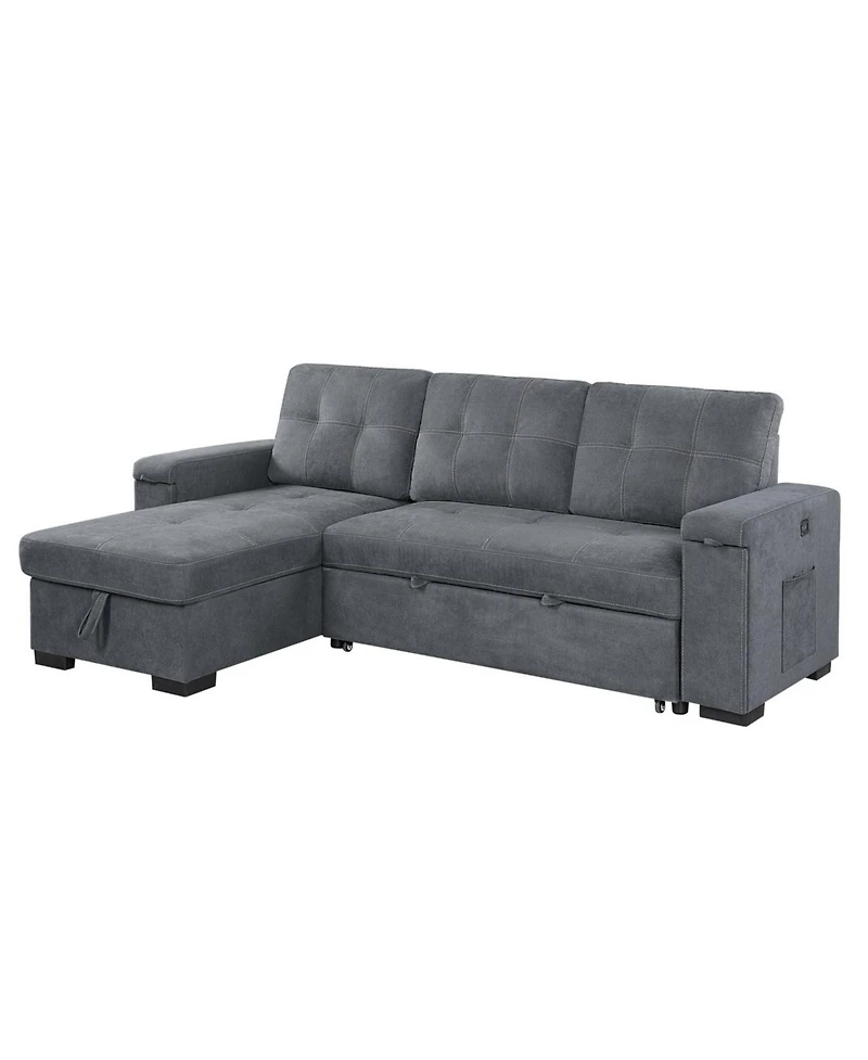 Homlux 95"W Gray Woven Fabric Reversible Sleeper Sectional Sofa with Storage Chaise Cup Holder Charging Ports and Pockets