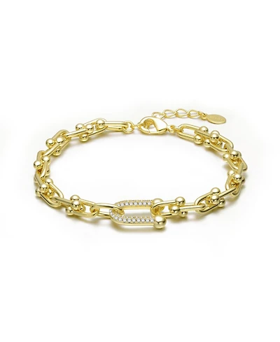 Rachel Glauber 14K Gold Plated with Clear Cubic Zirconia Horse Shoe Link Bracelet.