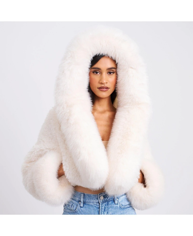 Miss Circle Women's Kali White Cropped Faux Fur Jacket With Hood