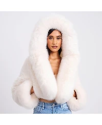 Miss Circle Women's Kali White Cropped Faux Fur Jacket With Hood
