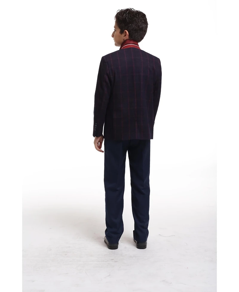 Elie Balleh Boys Wine Slim Fit Wool Checkered Blazer