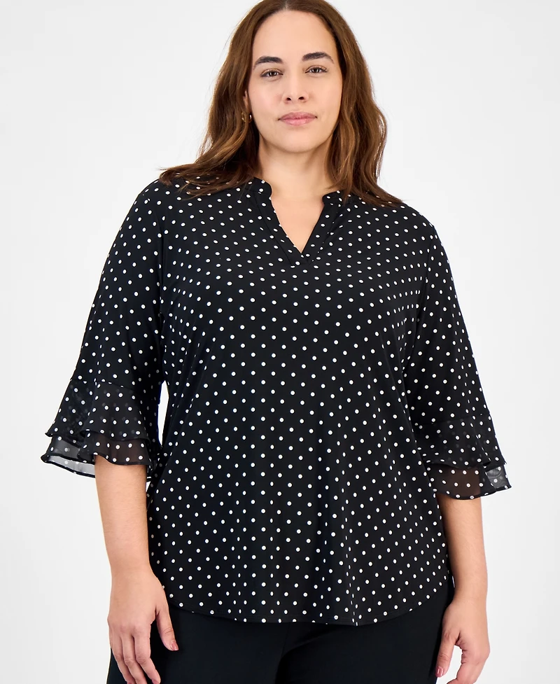 Kasper Plus Dot-Print Flutter-Sleeve Blouse