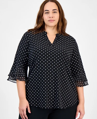 Kasper Plus Dot-Print Flutter-Sleeve Blouse