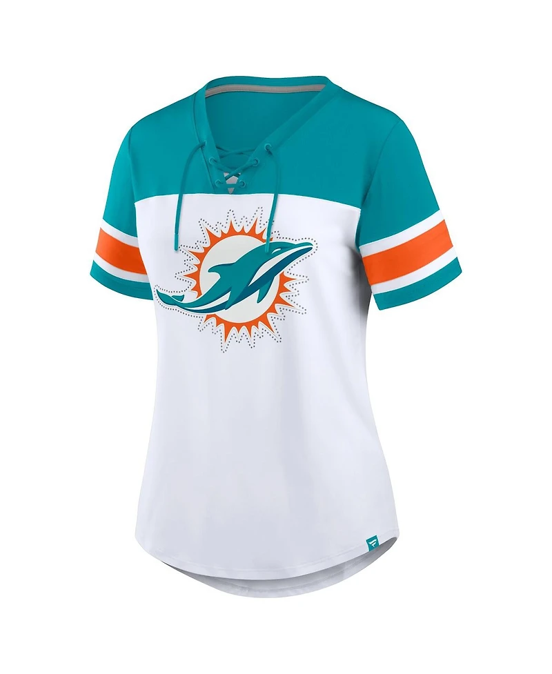 Fanatics Women's White/Aqua Miami Dolphins Athena Rhinestone Lace-Up V-Neck T-Shirt
