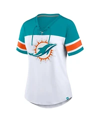 Fanatics Women's White/Aqua Miami Dolphins Athena Rhinestone Lace-Up V-Neck T-Shirt