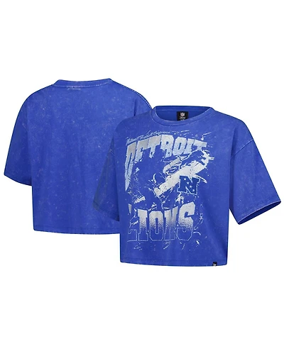 New Era Women's Blue Detroit Lions Cropped Boxy Sport Classics Mineral Wash T-Shirt