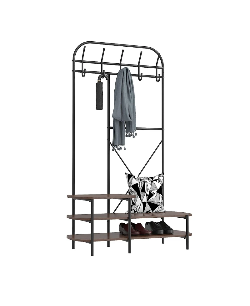 Nordlys - Industrial Hall Tree with Brown Wood Shelves Industrial Style Entry