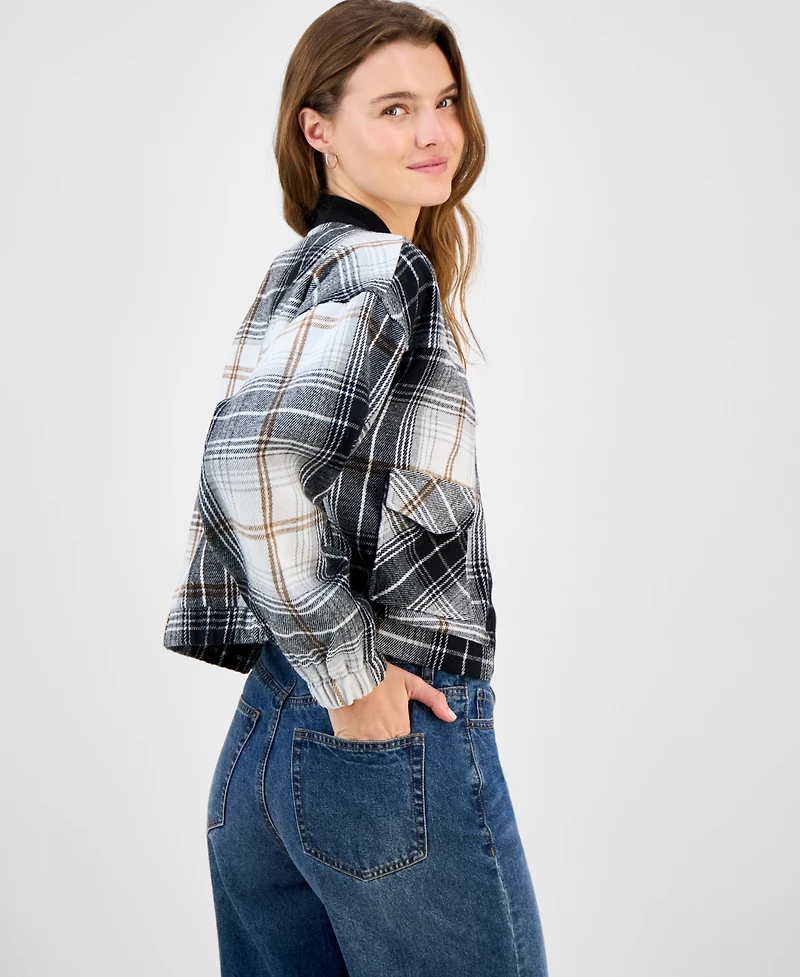 Madden Girl Juniors' Plaid-Print Bomber Jacket