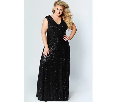 Celebrations by Sydney's Closet Women's V-Neck Sleeveless Sequin Maxi Dress