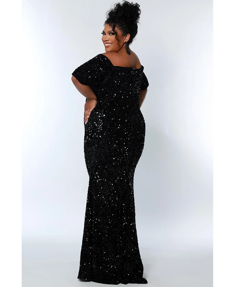 Johnathan Kayne for Sydney's Closet Women's Velvet Sequin Short Sleeve Plus Size Evening Gown