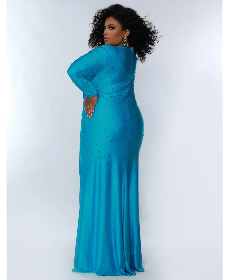 Sydney's Closet Women's Fitted Long Sleeve V-Neck Ruched Plus Gown