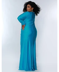 Sydney's Closet Women's Fitted Long Sleeve V-Neck Ruched Plus Gown