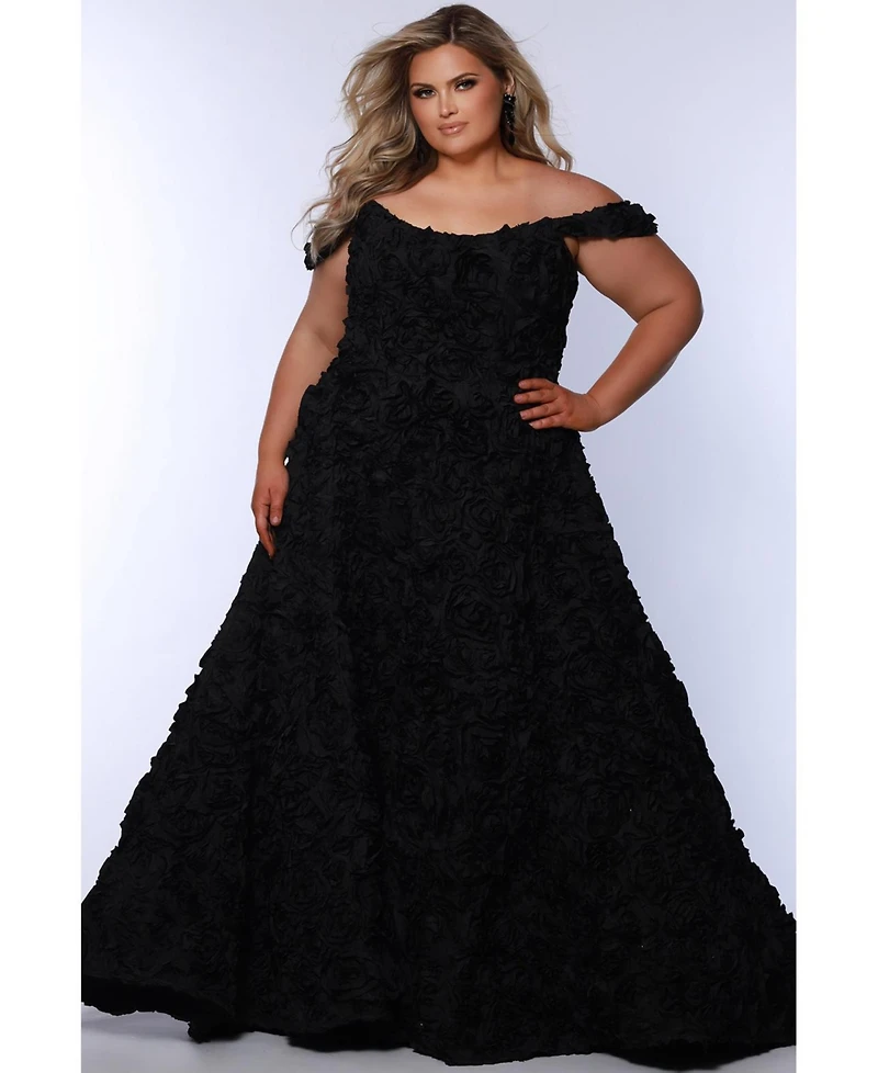 Sydney's Closet Women's Off The Shoulder Rosette A-Line Evening Gown
