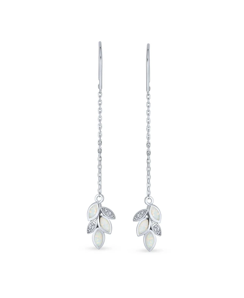 Bling Jewelry Leaf Feather White Iridescent Created Opal Inlay Long Chain Dangle Threader Earrings Sterling Silver