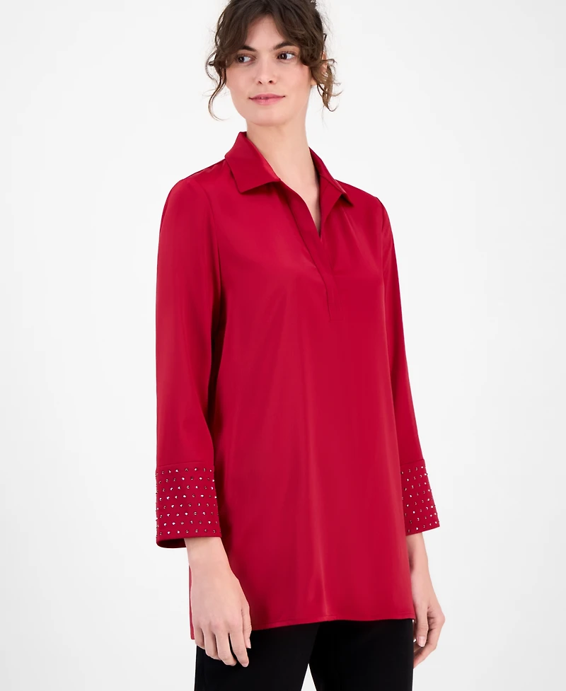 Anne Klein Women's Satin-Collar Studded-Cuff Top