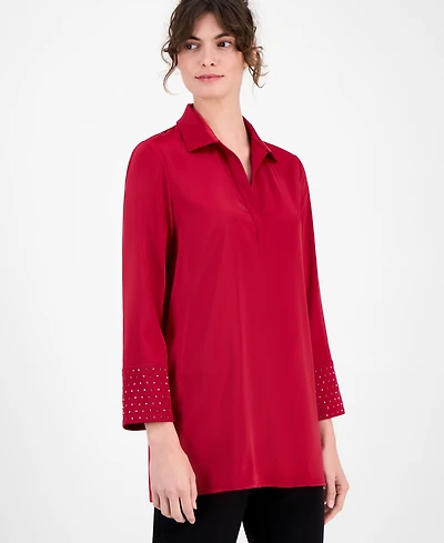 Anne Klein Women's Satin-Collar Studded-Cuff Top