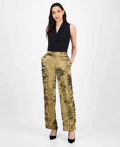 Anne Klein Women's Metallic Crepe High-Rise Wide-Leg Pants