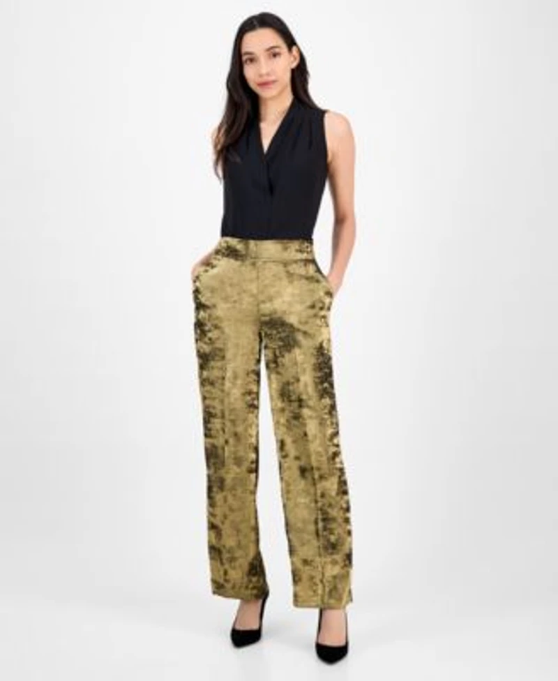 Anne Klein Womens Metallic Crepe High Rise Wide Leg Pants P Xxs 3x
