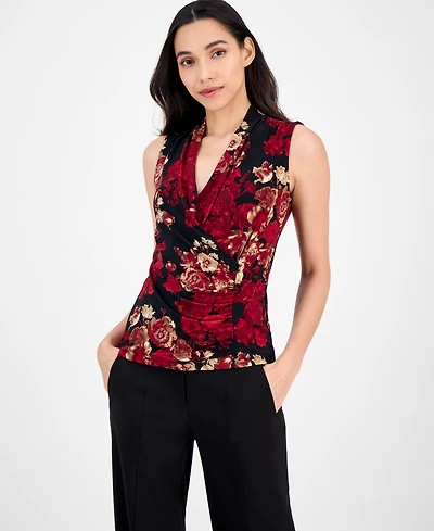 Anne Klein Women's Printed Surplice-Neck Shirred Top