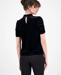 Anne Klein Women's Velour Ruffle-Neck Short-Sleeve Top