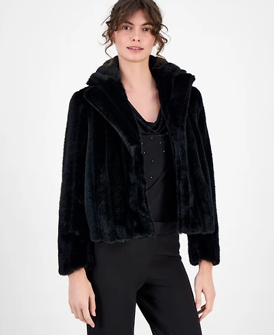 Anne Klein Petite Faux-Fur Cropped Notch-Collar Jacket