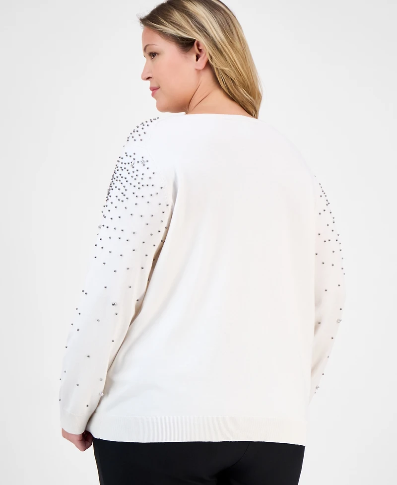 Anne Klein Plus Size Rhinestone Boat-Neck Long-Sleeve Sweater
