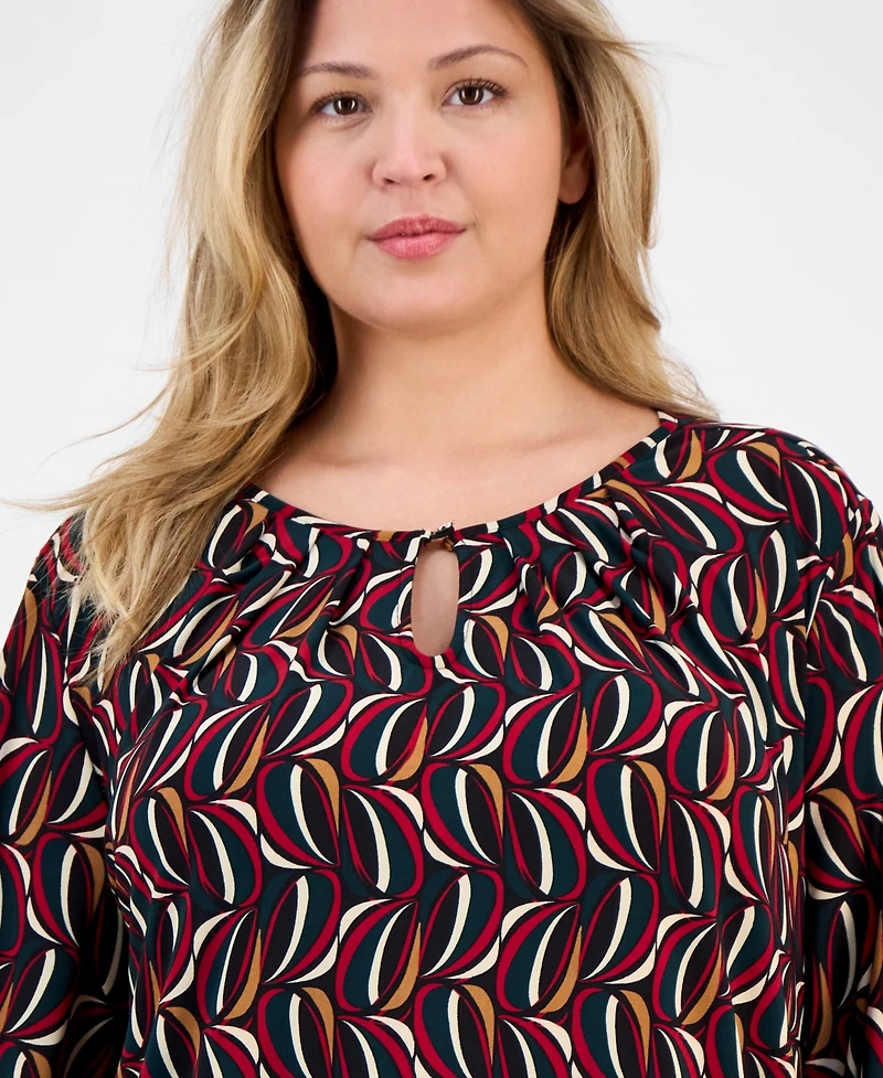 Ak Anne Klein Plus Size Printed 3/4-Sleeve Keyhole Blouse