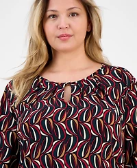 Ak Anne Klein Plus Size Printed 3/4-Sleeve Keyhole Blouse