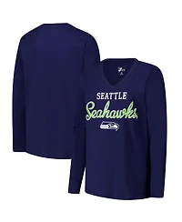 G-iii 4Her by Carl Banks Women's College Navy Seattle Seahawks Post Season Long Sleeve V-Neck T-Shirt