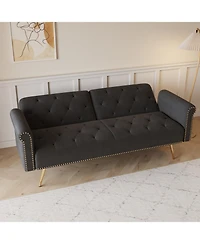 Streamdale Furniture Black Velvet Sofa Bed with Nailhead Trim & Pillow