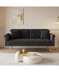 Streamdale Furniture Black Velvet Sofa Bed with Nailhead Trim & Pillow