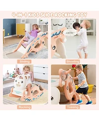 Gymax 4-in-1 Kids Slide Rocking Toy Slide Rocking Horse w/Basketball Hoop Rings