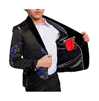 Elie Balleh Boys Black and Royal Blue Slim Fit Floral Dinner Jacket