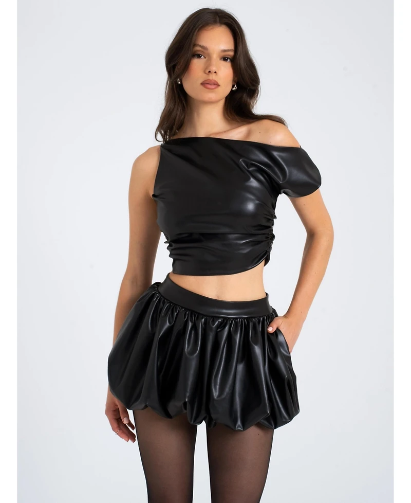Miss Circle Women's Yuna Faux Leather Bubble Hem Skirt