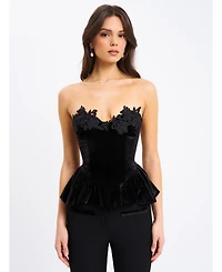 Miss Circle Women's Qiara Black Velvet Peplum Top with Lace Trim