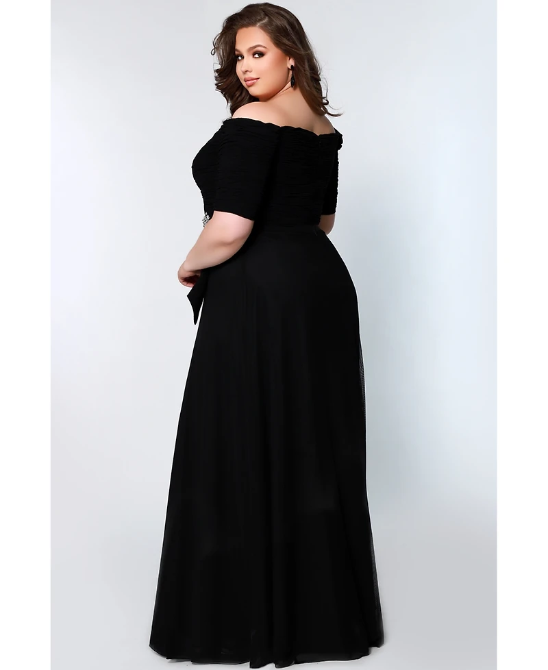 Celebrations by Sydney's Closet Women's Off-the-Shoulder Formal Gown with Sleeves