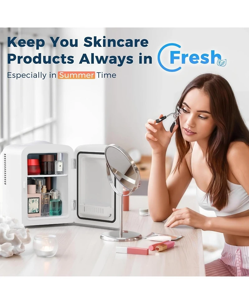 Cowsar Makeup Compact Refrigerator With Mirror, 4L Mini Fridge for Bedroom, Car, Office & Dorm, Portable Small Cooler Cosmetics
