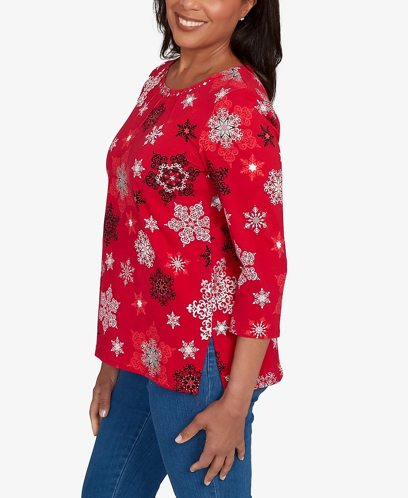 Alfred Dunner Petite Snowflake Embellished Top