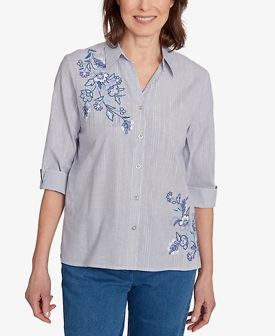 Alfred Dunner Petite Metallic Floral Stripe Top